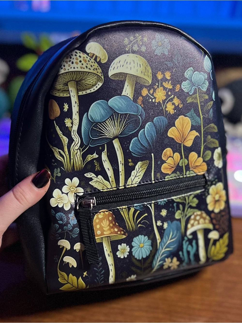 Floral Mushroom Print Mini Backpack - Black and Yellow